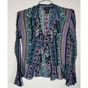 VTG NY Collection Sheer Metallic Chiffon Ruffle Fairy Blouse Size‎ S Teal Purple